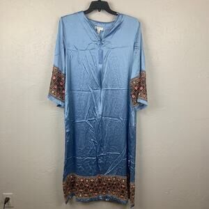 Cabernet Couture Silk Kaftan Gown Womens Large Blue Embroidered Trim Tassel Zip